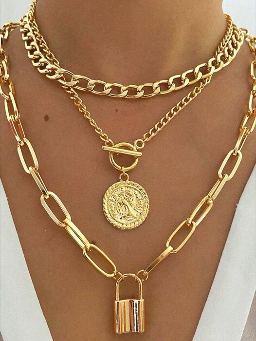 [ 8日から12日程度でお届け予定 ] ジュエリー レディース ネックレス レイヤード 女性向け3点セット マルチレイヤー コインとロックペンダントネックレス トグルクラスプ入り 太めチェーンネックレス