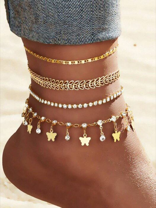 [ 8日から12日程度でお届け予定 ] ジュエリー レディース フットアクセサリー ボヘミアン風 ジルコニア装飾バタフライペンダント アンクレット 4点セット、レディースジュエリー、ゴールドジュエリー、デイリー、ウェディング、パーティー、ギフト