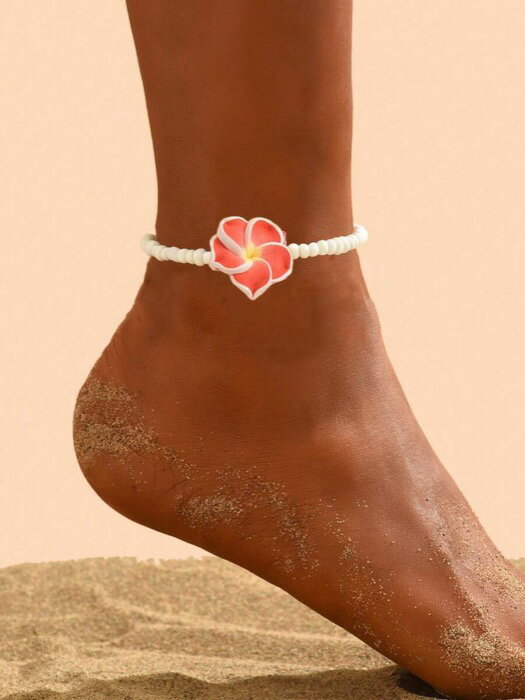 [ 8日から12日程度でお届け予定 ] ジュエリー レディース フットアクセサリー ボヘミアン ビーチホリデースタイル ガラスビーズ ソフトクレイ フランジパニ ウィメンズアンクレット (ソフトクレイの花にはわずかな穴が開くのが普通で避けられない)