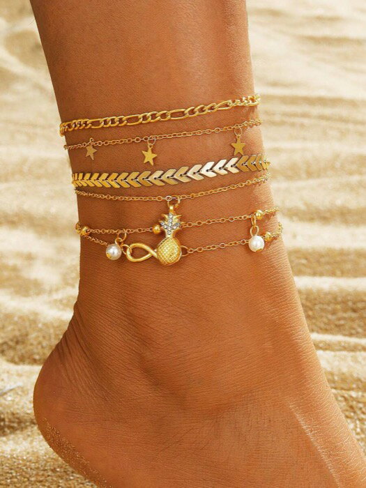 [ 8日から12日程度でお届け予定 ] ジュエリー レディース フットアクセサリー パイナップル & 人工真珠ペンダント マルチレイヤーチェーンアンクレット 5個セット、エレガントでハイエンドなファッションジュエリーセット、ビーチやリゾートウェアに最適