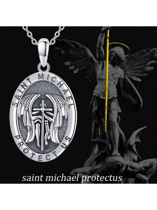[ 8日から12日程度でお届け予定 ] ジュエリー メンズ ネックレス 聖ミカエル ネックレス、大天使ミカエルのペンダント、 守護宗教ジュエリー、ヒップホップパンクの天使聖ミカエルオーバルペンダントネックレス(男性用)(4)