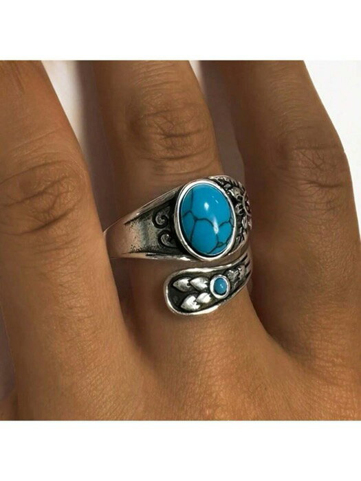 [ 8日から12日程度でお届け予定 ] リング レディース シングル 1個 ファッショナブルなヴィンテージエレガントな925シルバー インレイ人工ターコイズ テクスチャードリング、女性の日常着、パーティー、結婚式に適しています