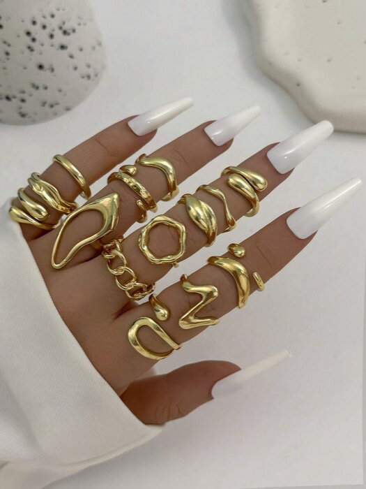 [ 8日から12日程度でお届け予定 ] リング レディース セット 15個 滑らかな幾何学模様のオーバーサイズ..