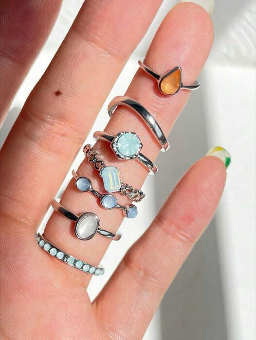 [ 8日から12日程度でお届け予定 ] リング レディース セット 7個セット カラフルなラインストーン ジオ..