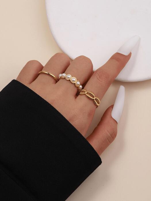 [ 8日から12日程度でお届け予定 ] リング レディース セット 真珠貝シリーズ レディースリング 3個セット、オープンサイズ調整可能、シンプルなステンレススチール素材