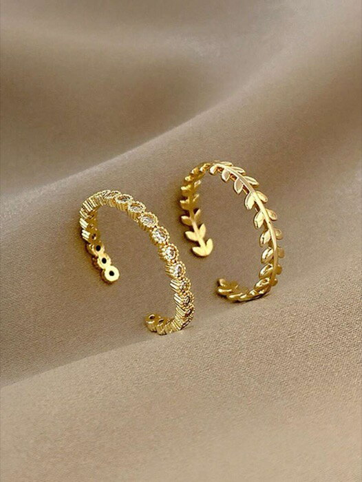 [ 7日から10日程度でお届け予定 ] リング レディース セット 2個セット ヨーロッパ&アメリカンミニマリストデザイン ラグジュアリー ジルコニアストーン リーフ&小麦デコレーションリングセット、シックな雰囲気