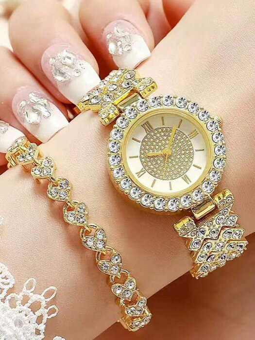 [ 8日から12日程度でお届け予定 ] 腕時計 レディース セット 2個セット レディース クォーツ腕時計 輝くハート要素ブレスレット付き、シンプルな丸型ダイアル、エレガントで快適なストラップ、彼女への最高の贈り物、バックトゥースクールシーズン、ホリデー