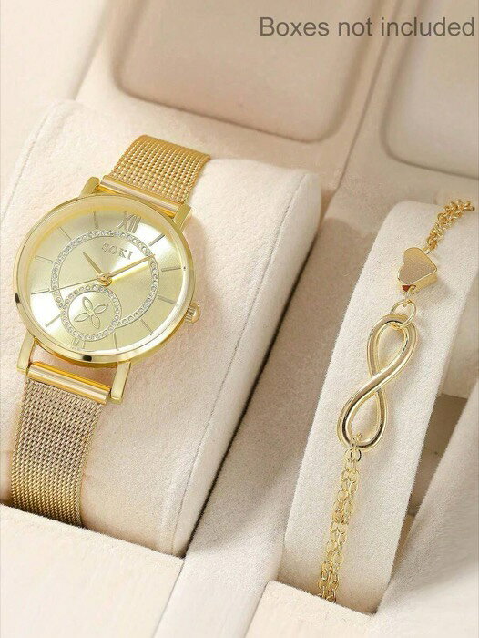 [ 8日から12日程度でお届け予定 ] 腕時計 レディース セット 1セット レディース腕時計、メッシュベルト、ファッショナブル、カジュアル、丸型ダイヤル、クォーツムーブメント、ハート型装飾チェーンブレスレット付き、日常着用、誕生日プレゼント、パーティー(2)