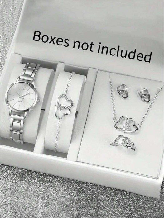 [ 8日から12日程度でお届け予定 ] 腕時計 レディース セット ステンレス鋼シルバーローマ数字クォーツ腕時計ダブルハート型チェーンジュエリーセット6個 - カップルバレンタインギフト