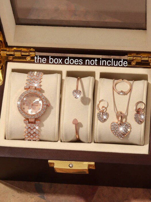 [ 8日から12日程度でお届け予定 ] 腕時計 レディース セット ファッション レディース クォーツ 腕時計 6個セット、シンプルで多用途なラグジュアリー フルダイヤモンド ラウンドダイヤル、ハートジュエリーダイヤモンドブレスレット、ネックレス、ピアス(2)