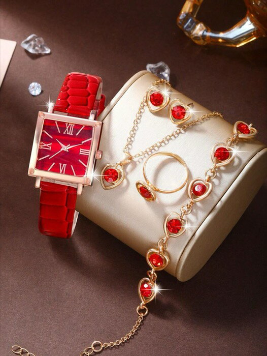 [ 8日から12日程度でお届け予定 ] 腕時計 レディース セット レディース腕時計セット カジュアルファッション クォーツ ローマ数字ダイアル ハートペンダントネックレス、ピアス、リング、ブレスレット、アクセサリー 女性用ジュエリーセット 日常着用、誕