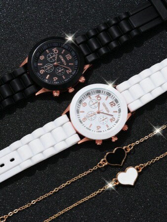 [ お取寄商品 7から10営業日程度でお届け予定 ] 腕時計 ペアウォッチ カップル用腕時計セット シリコン製 ブラック＆ホワイト ゴールドトーン ハートチェーンブレスレット付き