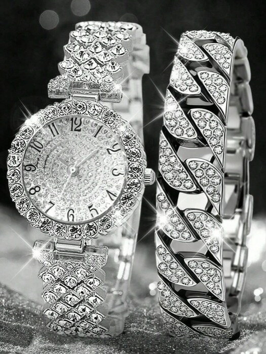 [ 8日から12日程度でお届け予定 ] 腕時計 レディース セット 2個セット エレガントなラインストーンウォッチ、ファッショナブルで シンプルで贅沢なレディース クォーツ ウォッチ、ハート型ダイヤモンドジュエリーブレスレットセット付き、フェスティバル、