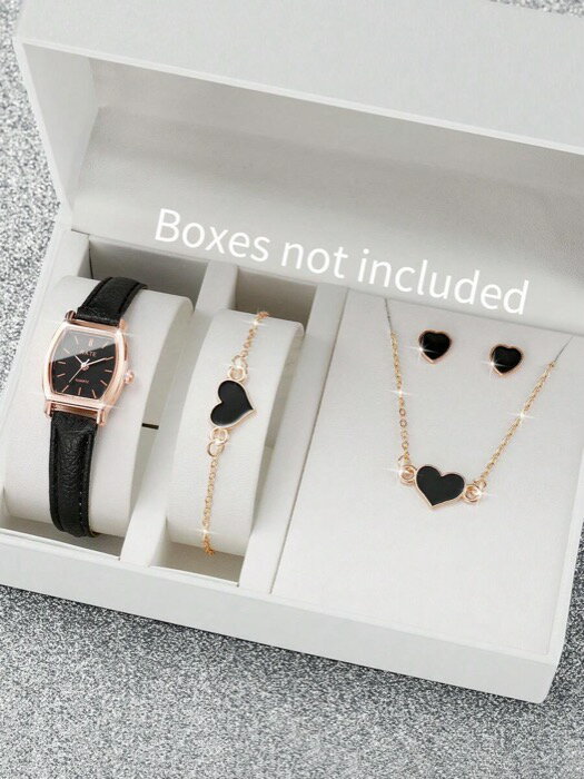 [ 8日から12日程度でお届け予定 ] 腕時計 レディース セット レザーバンド付き 5個セット レディース クラシック エレガント クォーツ腕時計、バレル型ダイヤル + ハートジュエリー、時計箱は付属していません