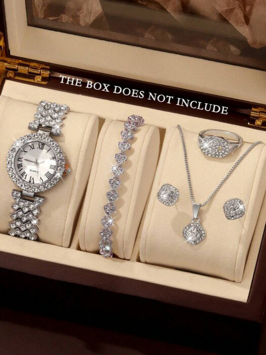 [ 8日から12日程度でお届け予定 ] 腕時計 レディース セット 女性用クォーツ腕時計6点セット(ブレスレット、ネックレス、リング、ピアス)、丸型ダイヤル、スケールのないパーソナライズデザイン、フィックスサイズストラップ、お祭りのプレゼントや日常着に適