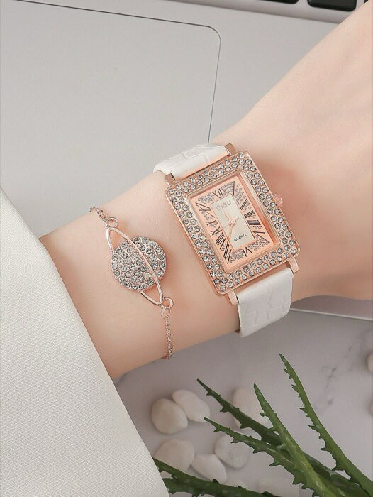 [ 8日から12日程度でお届け予定 ] 腕時計 レディース セット リボン付きクリスタル装飾長方形ポインタ..