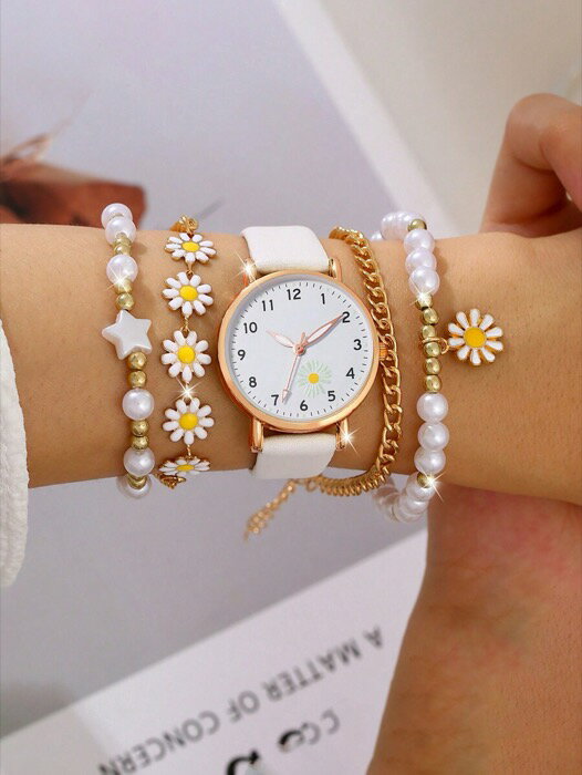 [ 8日から12日程度でお届け予定 ] 腕時計 レディース セット 1セット レディース腕時計 PUレザーストラップ フラワーディテール 丸型ポインター クォーツ腕時計 ホリデーデイジーブレスレット腕時計セット、日常着用、誕生日プレゼント、パーティー、ホ