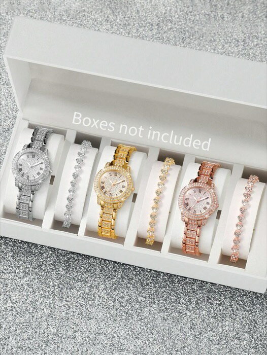 [ 8日から12日程度でお届け予定 ] 腕時計 レディース セット 女性用スチールストラップ ファッショナブル カジュアル フルクリスタル ローマンダイヤル クォーツ腕時計 + フルクリスタル ハート型ブレスレット (6個/セット)