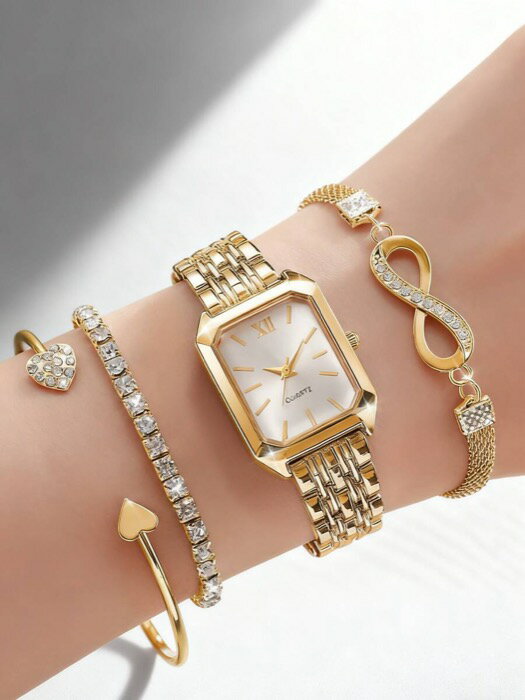 [ 8日から12日程度でお届け予定 ] 腕時計 レディース セット 女性用腕時計 4個セット、エレガントな正方形のローマ数字ダイヤル、ステンレススチールバンド、腕時計ブレスレットセット、デイリー使いに最適、彼女や友人への素敵なギフトに(2)