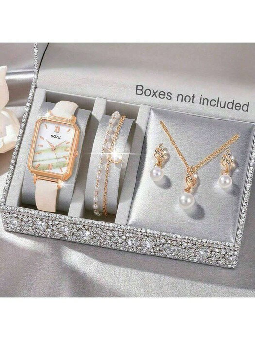 [ 8日から12日程度でお届け予定 ] 腕時計 レディース セット 女性用ジュエリーウォッチセット: PUレザーストラップ ファッションクォーツ腕時計 + ネックレス + ピアス + 調整可能なブレスレット ファッションホワイト クォーツ腕時計 パーフェ