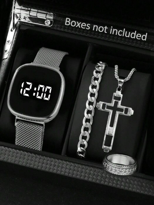 [ 8日から12日程度でお届け予定 ] 腕時計 メンズ セット 4個セット ミラノバンド デジタルディスプレイ 電子腕時計、スポーツ&カジュアル メンズウォッチ、クロスジュエリーセット付き