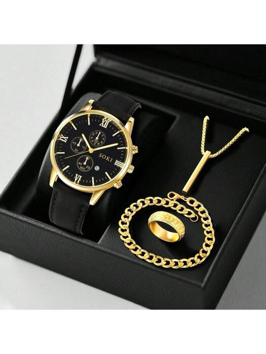 [ 8日から12日程度でお届け予定 ] 腕時計 メンズ セット ファッショナブルな1セット メンズクォーツ腕時計 カレンダー機能付き ラウンドダイヤル、電子駆動&ポインター表示、ペンダントネックレス、ブレスレット&リングが含まれる 毎日の着用、誕生日プレ(2)