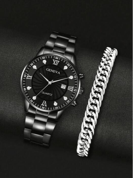 [ 8日から12日程度でお届け予定 ] 腕時計 メンズ セット 2個セット メンズ シルバー腕時計:カジュアルファッションメンズ腕時計 ブラックダイヤル ダイヤモンドデコレーション + キューバンリンクブレスレット - バレンタインデー、誕生日、父の日、