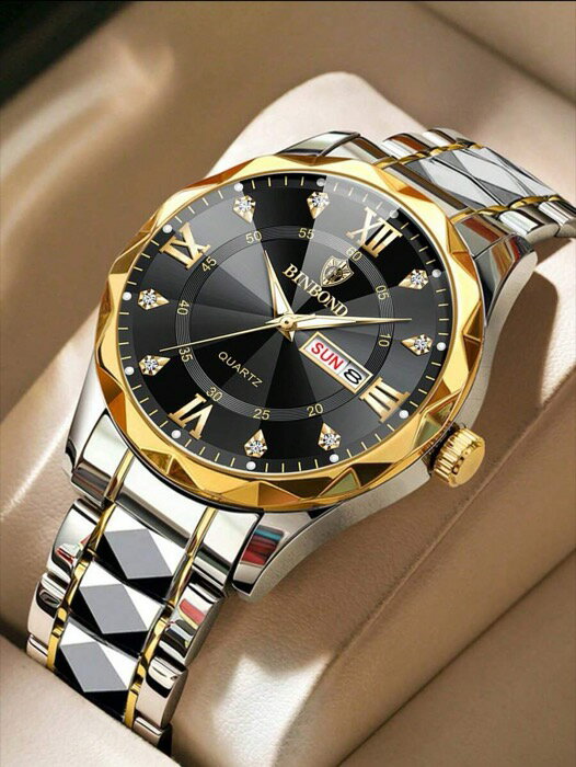 [ 8日から12日程度でお届け予定 ] 腕時計 メンズ クォーツ ラグジュアリーブランド ファッション メンズ ゴールド ウォッチ ステンレススチール クォーツ ウォッチ メンズビジネス 日付 週 表示 ラインストーン ウォッチ メンズ ナイトライト付き