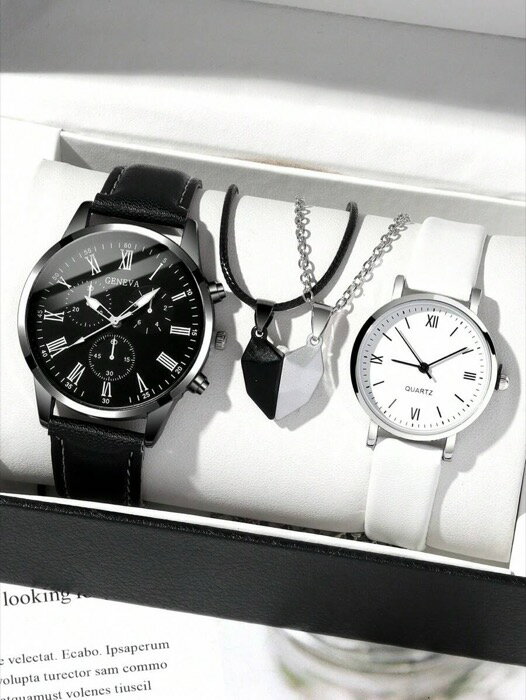 [ 8日から12日程度でお届け予定 ] 腕時計 ペアウォッチ ファッショナブルで精巧なギフト4点セット、シンプルなラウンド クオーツ腕時計、男女兼用ロゴ入りハートペンダントカップルネックレスセット