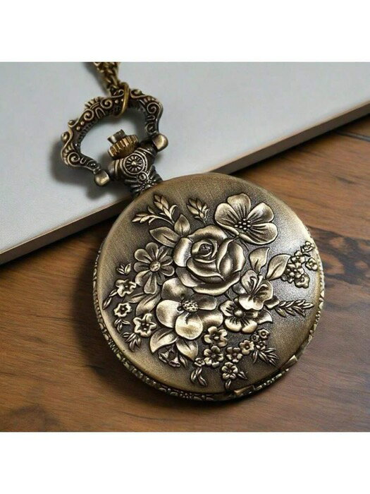 [ 8日から12日程度でお届け予定 ] 腕時計 懐中時計 アンティーク風 真鍮 エングレービング 花柄 クォーツ式 懐中時計