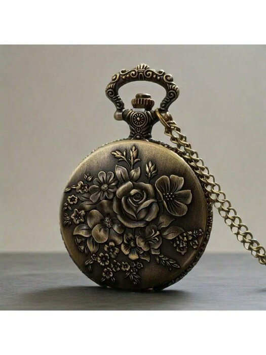 [ 8日から12日程度でお届け予定 ] 腕時計 懐中時計 アンティーク風 真鍮 エングレービング 花柄 クォーツ式 懐中時計