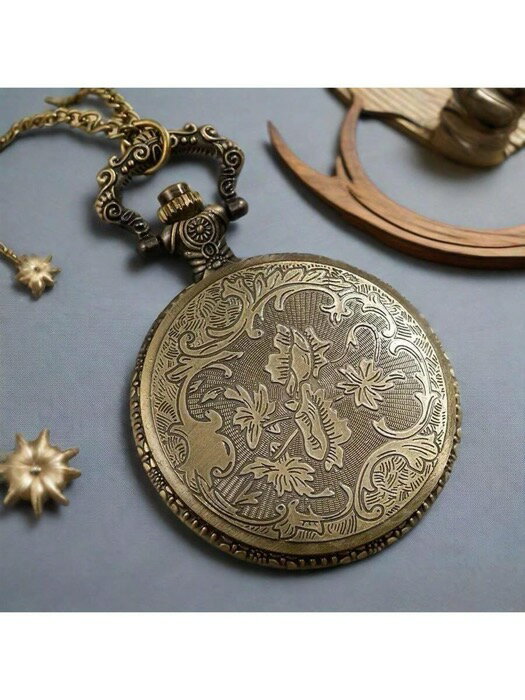 [ 8日から12日程度でお届け予定 ] 腕時計 懐中時計 アンティーク風 真鍮 エングレービング 花柄 クォーツ式 懐中時計