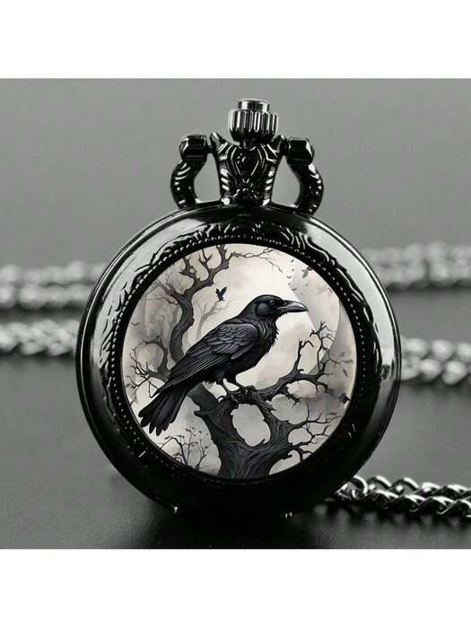 [ 8日から12日程度でお届け予定 ] 腕時計 懐中時計 ゴシック風 カラス柄 黒ポケットウォッチネックレス
