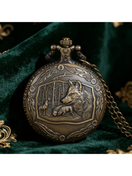 [ 8日から12日程度でお届け予定 ] 腕時計 懐中時計 1個 ヴィンテージ ブロンズ狼頭彫刻クォーツ懐中時計、メンズファッション小物、バッグ用オーナメント、カップルギフト、メンズギフトのお土産