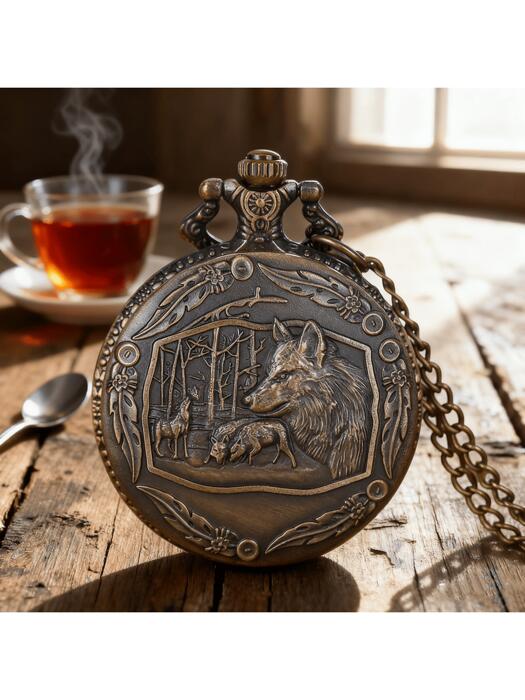 [ 8日から12日程度でお届け予定 ] 腕時計 懐中時計 1個 ヴィンテージ ブロンズ狼頭彫刻クォーツ懐中時計、メンズファッション小物、バッグ用オーナメント、カップルギフト、メンズギフトのお土産