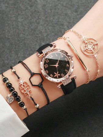  腕時計 レディース セット 女性用流行のダイヤモンドセットフラワーダイアルクォーツ時計、ベルトとブレスレット（6個セット）