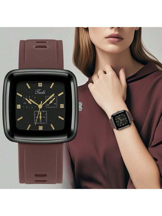 [ 8日から12日程度でお届け予定 ] 腕時計 レディース クォーツ 1個ユニセックスカジュアル スクエア ブラウンシリコンバンド クォーツ腕時計、メンズ レディース ビジネスファッションスタイル