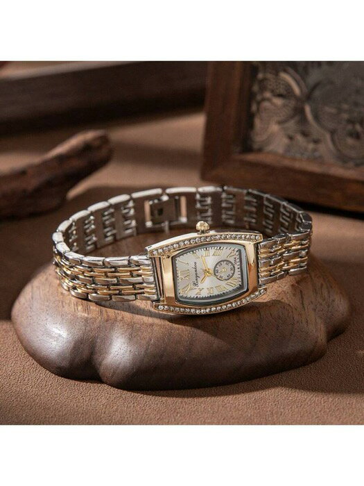 [ 8日から12日程度でお届け予定 ] 腕時計 レディース クォーツ ヴィンテージ高級ワインバレル型リストウォッチ、ゴールドトーンベゼル ダイヤモンド ローマ数字、エレガントなレトロスタイルの女性用腕時計