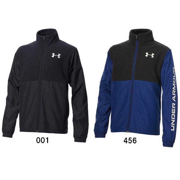 ●キッズ ジュニア用　トレーニング ジャケット ●メーカー：アンダーアーマー（UNDER ARMOUR） ●品番：1375486 ●カラー：BLK/BLK/WHT(001),BHB/BLK/WHT(456) ●サイズ：YSM,YMD,YLG ●素材：ポリエステル100％ 裏地に起毛したトリコット素材を使用し、暖かさと快適な着心地を提供する 両サイドにポケット 胸部前身頃と襟部分は柔らかなマイクロフリース生地の切り替え仕様 袖口は伸縮性のあるゴム仕様 当店は実店舗と在庫を共用しております。 在庫更新のタイムラグの為に販売できない可能性があります。 万が一、店頭・メーカーともに在庫切れの際はご容赦下さいませ。 商品画像は、パソコンの環境やディスプレイの設定状況、撮影状況等により 実際の商品とは異なった色合いや質感にみえる場合がございます。ご了承くださいませ。 ※ご注文確定後のお客様都合によるキャンセル・返品・交換はお受けできません。 ※ご注文内容に不備がある場合、キャンセルや発送延期となる可能性があります。