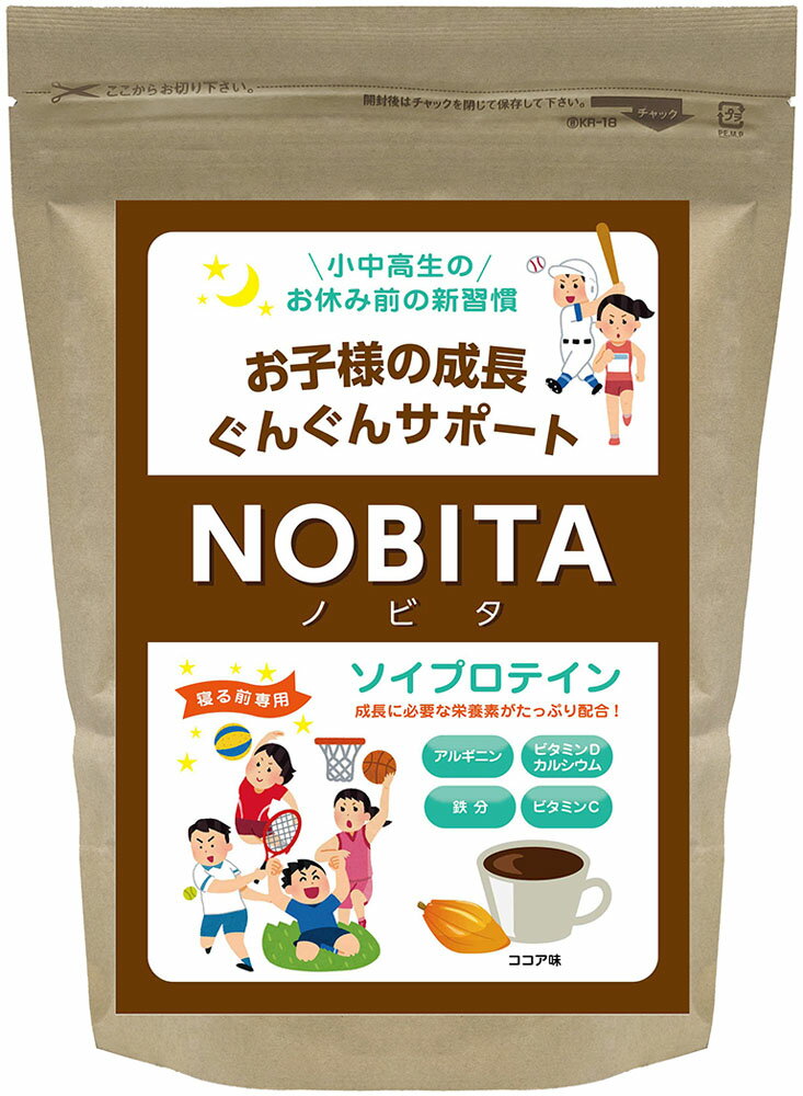 内容量：600gスポーツ薬剤師監修のプロテインを提供するOptiealとSpazioが共同開発したソイプロテインです。フレーバー：（001）バナナ、（002）マンゴーオレンジ、（004）ココア味、（005）いちごミルク味、（008）キャラメル味、（009）はちみつレモン味お好みの飲料と一緒にシェイカーを使用して混ぜ合わせると溶けやすく手軽にお飲みいただけます。※容器には先に飲料を入れてからNOBITAを入れてください。オススメの飲み方：1日1回就寝前／40 以下のお子様は1回1さじを100cc、40 以上のお子様は1回2さじを200 のお好みの飲料に溶かしてご利用ください。美味しく飲んでお子様の成長期ぐんぐんサポート！ジュニア用ソイプロテインNOBITA。成長期に必要な栄養素たっぷり！NOBITAソイプロテインは成長に必要な材料となるタンパク質にアルギニンを高配合しています。安心して飲んでほしいから品質へもこだわっています。海外からも認められる品質基準cGMPは、アメリカの政府機関である食品医薬品局が定めた食品品質の基準です。世界水準の食品安全システムと、品質基準をクリアした日本の工場で生産。美味しいから毎日続けられる。お子様でも飲みやすい味だから無理なく続けられます。6種類のフレーバー「ココア味／いちごミルク味／バナナ味／キャラメル味／はちみつレモン味／マンゴーオレンジ味」をご用意。