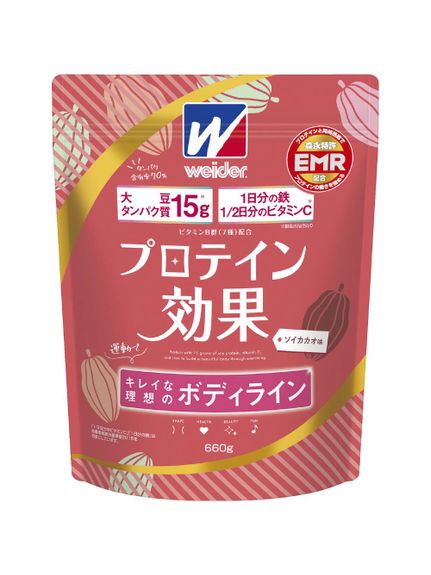 ・大豆タンパク質15g配合。・プロテインと同時摂取でプロテインの働きを強める森永特許成分EMR配合。 ※EMR 酵素処理ルチン・1日分の鉄、1/2日分のビタミンC配合。・ビタミンB群（7種）を配合。・ソイカカオ味　森永製菓　ウィダー（ウイダー）プロテインプロテイン効果660g カラー . サイズ . 素材 大豆たんぱく、ココアパウダー、砂糖、食用油脂／香料、乳化剤、甘味料（アスパルテーム・L?フェニルアラニン化合物、スクラロース）、V.C、酵素処理ルチン、ピロリン酸鉄、V.E、ナイアシン、パントテン酸Ca、V.B6、V.B2、V.B1、葉酸、V.B12、（一部に乳成分・大豆を含む） 原産国 日本 メーカー品番 64591076 コメント 【パッケージリニューアル中】画像と異なるパッケージの可能性がありますが内容に変わりはございません。予めご了承ください。・大豆タンパク質15g配合。・プロテインと同時摂取でプロテインの働きを強める森永特許成分EMR配合。 ※EMR 酵素処理ルチン・1日分の鉄、1/2日分のビタミンC配合。・ビタミンB群（7種）を配合。・ソイカカオ味　森永製菓　ウィダー（ウイダー）プロテイン