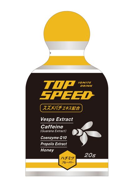 【TOPSPEEDのこだわり】毎日数十キロメートルも大空を飛びまわる驚異のスタミナを誇るスズメバチから抽出したエキス（独自開発）を中心に、アスリートにうれしいカフェイン（ガラナ由来）コエンザイムQ10、プロポリス、蜂蜜、クエン酸、ビタミンCを配合したアスリートのパフォーマンスを支える決戦用スペシャルドリンクです。アスリートのパフォーマンスを支える決戦用ドリンク『トップスピード』■レース前、レース中に補給しやすいように、瓶口タイプのパッケージを採用し、また、内容量もひと口で飲みやすい20mlで設計。・1袋に約3匹分のスズメバチエキス・コエンザイムQ10 12mg・カフェイン(ガラナエキス由来) 20mg・ブラジル産プロポリスエキス、アスリートを支える厳選素材を配合【栄養成分表示 1パック(20g)あたり】熱　量22kcalたんぱく質0g脂　質0g炭水化物5.6g食塩相当量0.079gカフェイン20mgコエンザイムQ1012mg＜使用上の注意＞※はちみつ関連製品アレルギーのある方は、使用をお避けください。※開封後は早めにお召し上がりください。TOP SPEEDは食品として使用が認められている原材料のみでつくられており、世界ドーピング防止機構で禁止されている原材料は使用されておりません。トップスピード カラー . サイズ . 素材 スズメバチエキス末(デキストリン、スズメバチエキス)、プロポリスエキス、ガラナ種子、エキス末、コエンザイムQ10水溶化末 / ビタミンC、クエン酸、カフェイン 原産国 - メーカー品番 40267577 コメント 【TOPSPEEDのこだわり】毎日数十キロメートルも大空を飛びまわる驚異のスタミナを誇るスズメバチから抽出したエキス（独自開発）を中心に、アスリートにうれしいカフェイン（ガラナ由来）コエンザイムQ10、プロポリス、蜂蜜、クエン酸、ビタミンCを配合したアスリートのパフォーマンスを支える決戦用スペシャルドリンクです。アスリートのパフォーマンスを支える決戦用ドリンク『トップスピード』■レース前、レース中に補給しやすいように、瓶口タイプのパッケージを採用し、また、内容量もひと口で飲みやすい20mlで設計。・1袋に約3匹分のスズメバチエキス・コエンザイムQ10 12mg・カフェイン(ガラナエキス由来) 20mg・ブラジル産プロポリスエキス、アスリートを支える厳選素材を配合【栄養成分表示 1パック(20g)あたり】熱　量22kcalたんぱく質0g脂　質0g炭水化物5.6g食塩相当量0.079gカフェイン20mgコエンザイムQ1012mg＜使用上の注意＞※はちみつ関連製品アレルギーのある方は、使用をお避けください。※開封後は早めにお召し上がりください。TOP SPEEDは食品として使用が認められている原材料のみでつくられており、世界ドーピング防止機構で禁止されている原材料は使用されておりません。