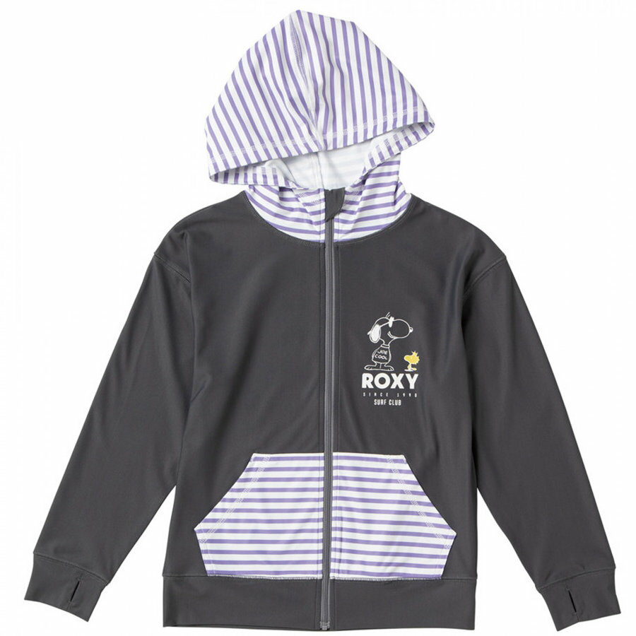 ROXY ロキシー ラッシュガード 長袖 ラッシュパーカー フルジップ ジップアップ UVカット 水着の上に着る服 子供用 キッズ ジュニア 海 川 スヌーピー コラボ ピーナッツ 【VINTAGE PEANUTS】PEANUTS RG RASHGUARD PEANUTSのグラフィックがキュートなラッシュガードパーカ。ポケットとフードをボーダーに、胸元とバッグにはロゴプリントをあしらいました。ファスナーが当たらないように、チンガードが付いているのでお子様にも安心です。袖口にはサムホールを付き。 ■カラー：BBK ■素材:ポリエステル82％　ポリウレタン18％ ■サイズ（日本サイズ） 　130/肩幅:40・身幅:40.5・着丈:48.5・袖丈:40.5cm 　140/肩幅:42.5・身幅:43・着丈:50・袖丈:44.5cm 　150/肩幅:45・身幅:44.5・着丈:56・袖丈:52cm 【ROXY x Vintage PEANUTS】 スヌーピーとゆかいな仲間たちがBEACHで楽しむグラフィックなどを使用し、サーフテイストアイテムを揃えました。1950年から1979年に描かれたヴィンテージコミックを用いたコラボレーションです。 ※当店掲載の商品は他モールでも同時販売しております。 　在庫状況は自動更新されておりますが、短時間で注文が集中した時など、 　稀にデータ反映が間に合わず、WEB上でご注文いただけても欠品となる場合がございます。 　万が一の欠品の際は何卒ご容赦ください。 　ご注文後のメールにて在庫の有無と発送日をご案内致します。