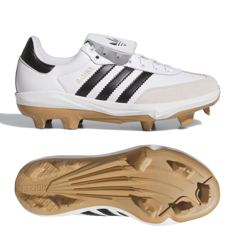 種別 野球スパイク メーカー名 アディダス（adidas） カラー クラウドホワイト×コアブラック×ガム 素材 アッパー/レザー×テキスタイル アウトソール/合成底 特徴 Sambaのクラシックなデザインをベースに、野球用としての機能性を備えたベースボールスパイク。 ミッドソールには軽量で反応性に優れたLightstrikeフォームを採用し、軽快な足運びと素早い動きをサポート。 アウトソールにはTPU製スタッドを配置し、人工芝や硬いグラウンド、乾いた天然芝など、さまざまな路面で安定したグリップ力を発揮します。 アッパーにはレザーと合成素材を使用し、Sambaらしいクラシックなデザインと耐久性を両立。 レギュラーフィットとシューレース仕様で足をしっかりとホールドし、ベースランニングから守備まで快適なプレーをサポートします。 ・レギュラーフィット ※ご注文前に必ずお読み下さい※ 当店の掲載商品は、当社(スポーツサクライ)が運営するショピングサイト、 実店舗でも同時販売しております。 また、ご注文手続きが可能な状態であっても、 「実店舗在庫」と「メーカー在庫」を共有しておりますので、 商品によりましては入荷までにお時間を頂く場合や、商品がまれに欠品している場合もございます。 あらかじめご了承の上、ご注文ください。 メーカー希望小売価格はメーカーカタログに基づいて掲載しています