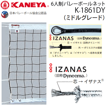 カネヤ 6人制バレーボールネット 上下白帯付 ミドルグレード 日本バレーボール協会検定合格品 K-1861DY 送料無料【代引・NP後払い不可】