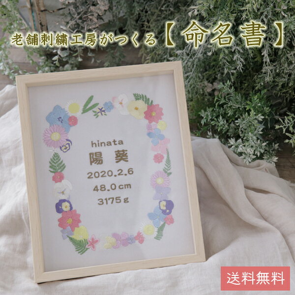 刺繍工房だからこそできる、おしゃれな命名書！ 花の一輪一輪、葉の一枚一枚まで立体にごだわった刺繍を施します 『名前』は両親からの”一生”の贈り物 大切なお名前と誕生日・・・ 【そのとき】を思い出すことができ 身近に飾っておくことでお子様が大きくなるにつれ成長を実感できます。 インテリアにも馴染み、大きくなるまでずっと飾っていただけるデザインに。 文字糸色は2色よりお選びいただけます。 A.ブロンズ B.サックスブルー 【刺繍内容】 1．お名前（アルファベット） 2．お名前（漢字） 3．生年月日 4．出生身長 5．出生体重 ご注文時にご記入ください。 ※その他、出生時刻などもお入れすることができます。（備考欄へ記入） ※書体は丸ゴシックを基本としております。画像参照その他ご希望がありましたらご記入ください。 額：木製 サイズ：八ツ切（242mm×303mm） 重量：約820g 表記サイズは裏板（内寸）サイズです。 表面：ガラスまたはアクリル ※吊り紐付き。スタンドは付いておりません。 ・モニターの発色の具合により、実際のものと色が異なる場合がございます。 ・受注生産のため、注文確定後は変更やキャンセルがお受けできません。ご注文の際は記入内容にお間違いがないかご確認をお願いいたします。