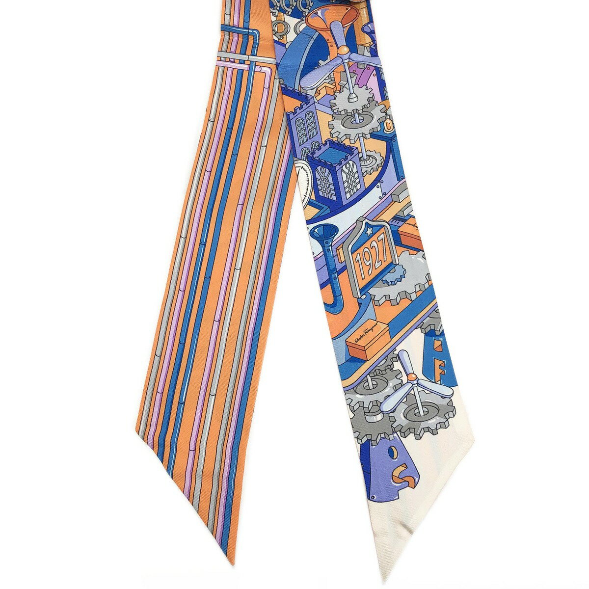 【決算大処分市☆全品10％OFFクーポン☆31日迄☆全品新品】フェラガモ 32 0438 759691 AVORIO/ARANCIOスカーフ/ツイリー ブルー×オレンジ系 Salvatore Ferragamoのサムネイル