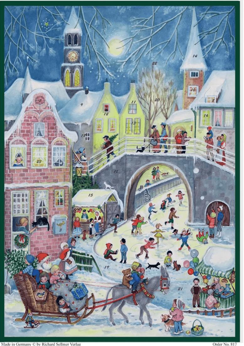 ドイツ アドベントカレンダー 橋のある街 M A4サイズ サンタクロース ソリ アイススケート クリスマス カード クリスマスマーケット 雪 パステルカラー 絵画 インテリア 窓 リチャードセルマー 買い回りキャンペーン