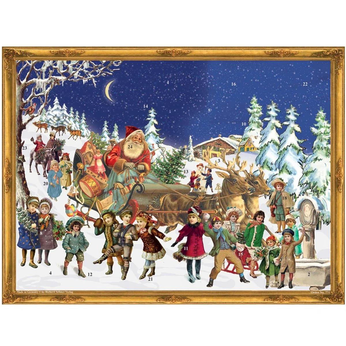 ドイツ アドベントカレンダー L 大判サイズ ヴィクトリア朝 トナカイのソリに乗ったサンタクロース クリスマス カード 子ども クラシック 絵画