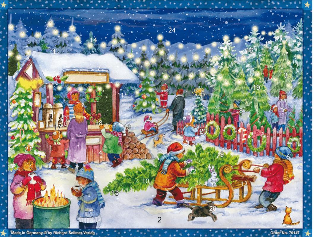 ドイツ アドベントカレンダー クリスマスツリーセール L 大判サイズ クリスマス クリスマス準備 子供 クリスマスツリー もみの木 お買い物 雪 絵画 インテリア